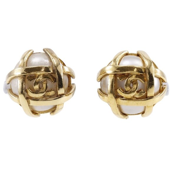 CHANEL COCO Mark Earrings, Gold Plated x Fake Pearl, 1995, 95P, Approx. 31g, Mar - Picture 1 of 7